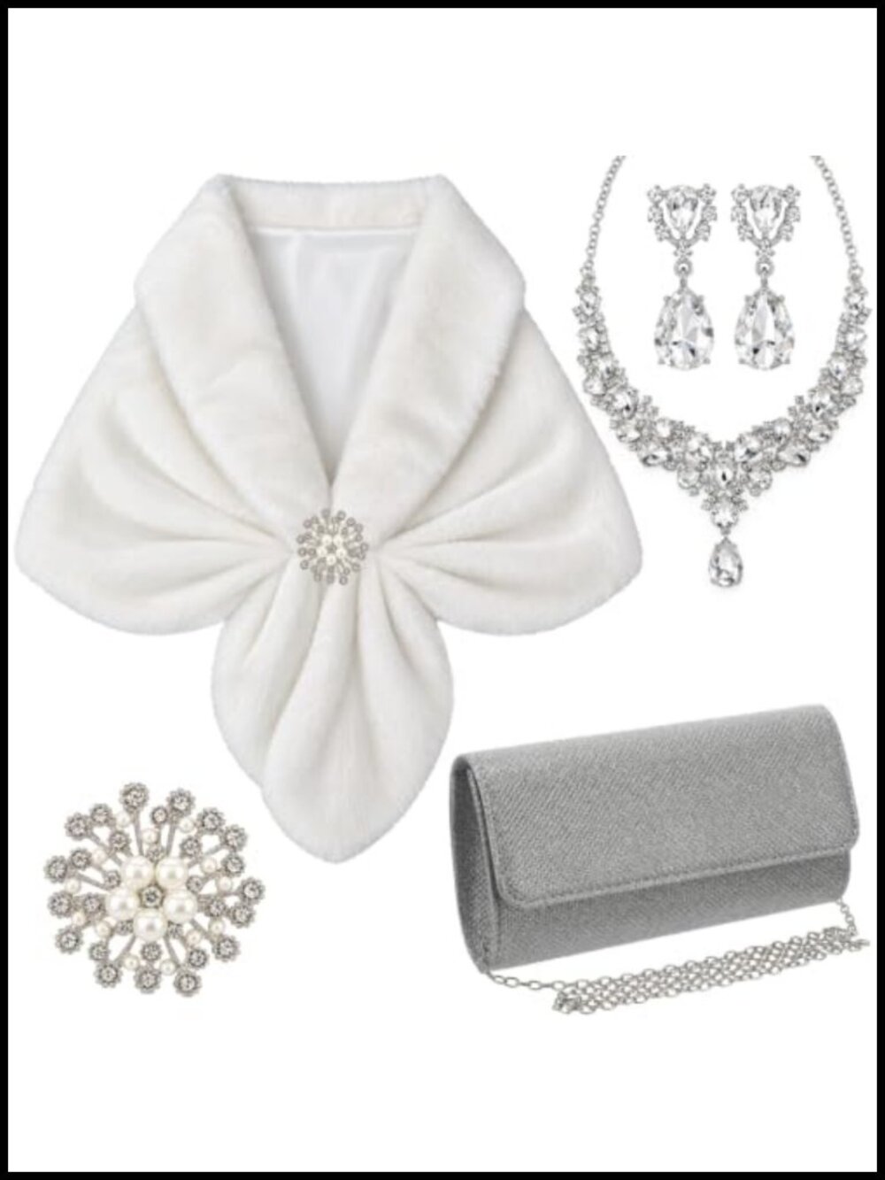 Faux Fur Shawl Wrap Brooch Rhinestone Clutch Set Formal Accessories